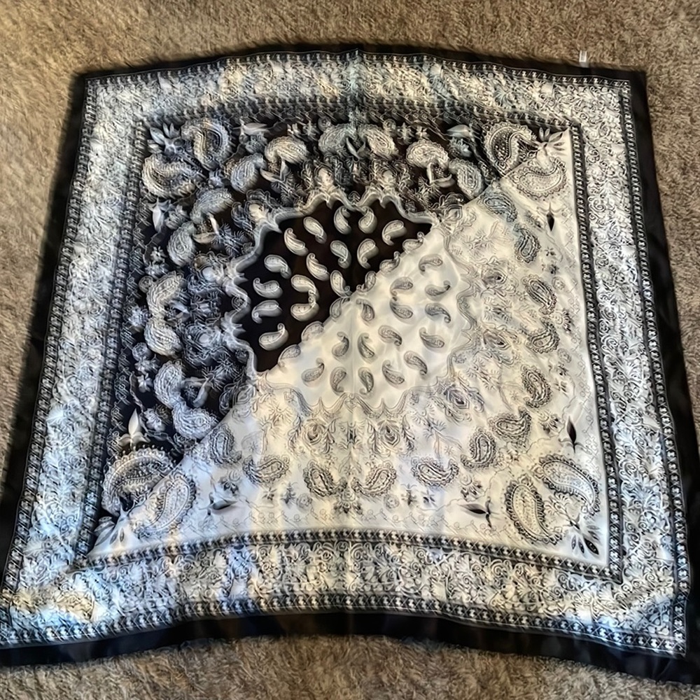Large, black and white silk-like scarf